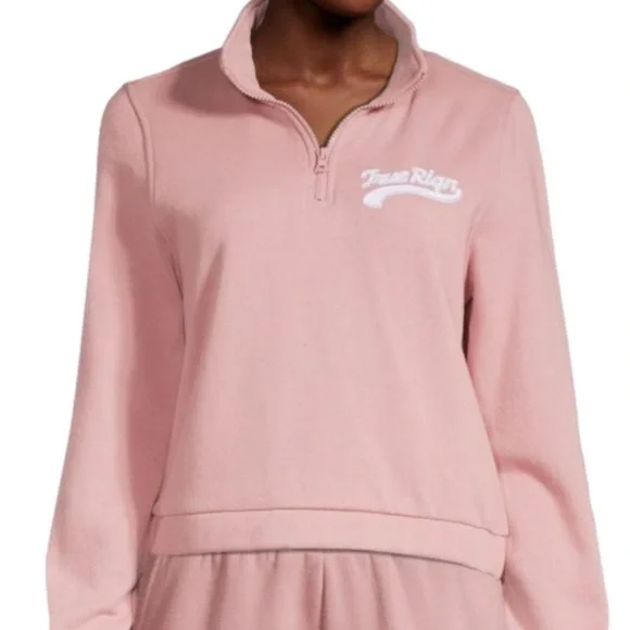 True Religion | Flock Mock Neck Quarter-Zip Pullover Light Pink Sweatshirt - Picture 1 of 12